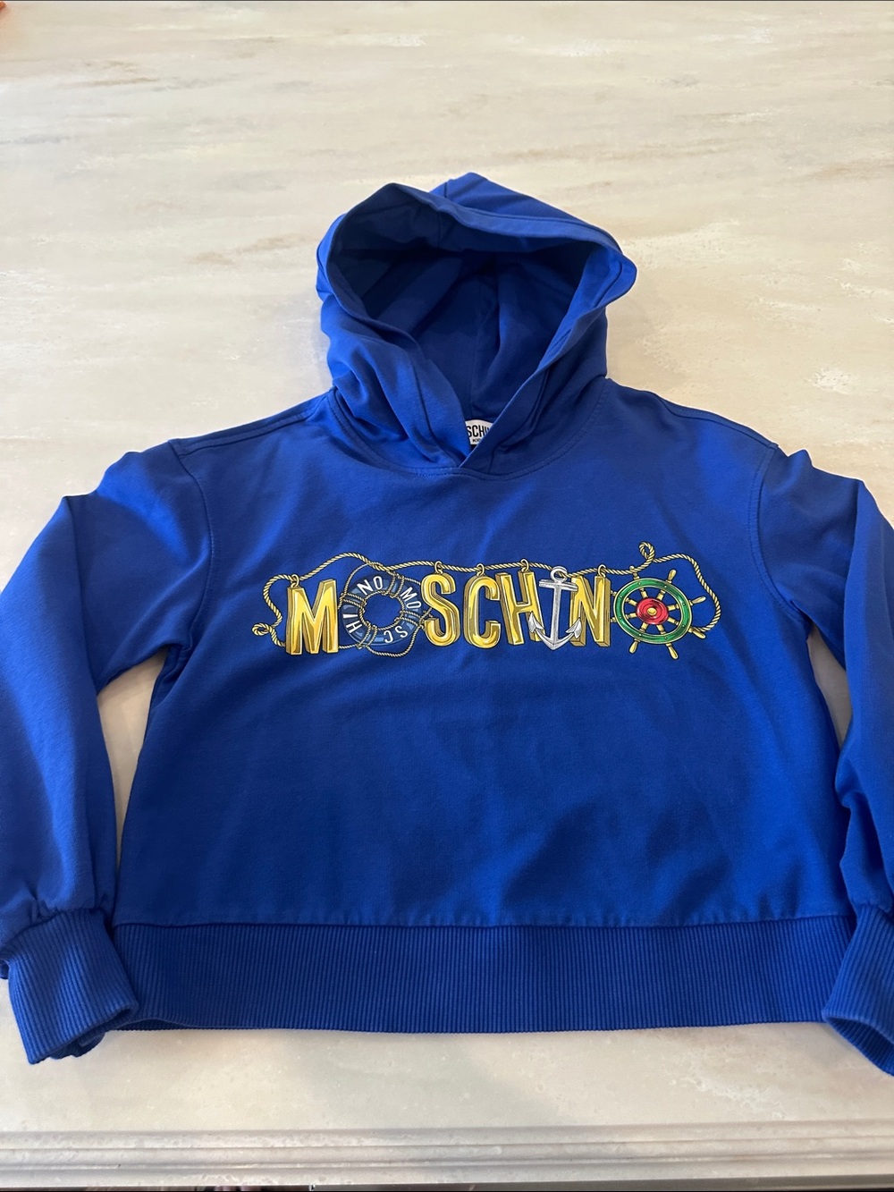 Kids Moschino cropped Bright Blue Hoodie with Yellow Logo
